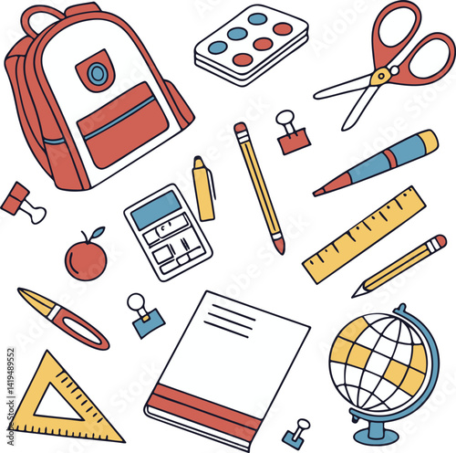 Hand-Drawn School Supplies Vector Set – Colorful Back to School Education Icons