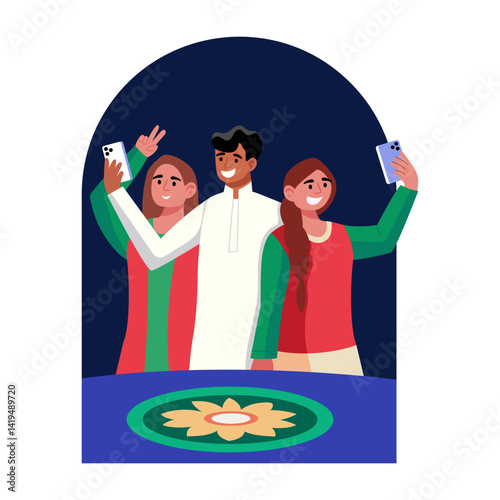 Flat illustration showing a family taking selfie