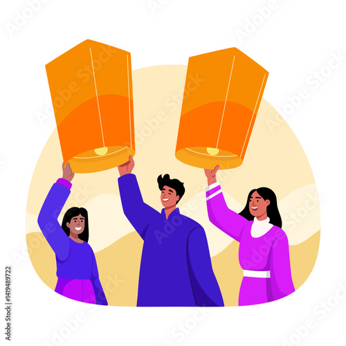 Flat style illustration of releasing lanterns in sky