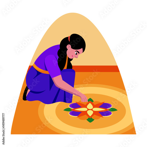 Flat illustration showing a woman making rangoli art