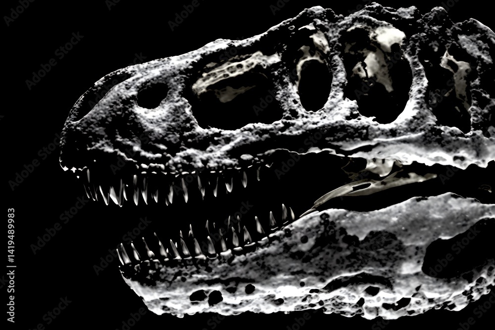 Tyrannosaurus rex fossil skull in dramatic lighting against black background Tyrannosaurus rex fossil skull in dramatic lighting against black background