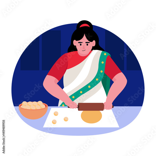 Flat style illustration of rolling dough with rolling pin