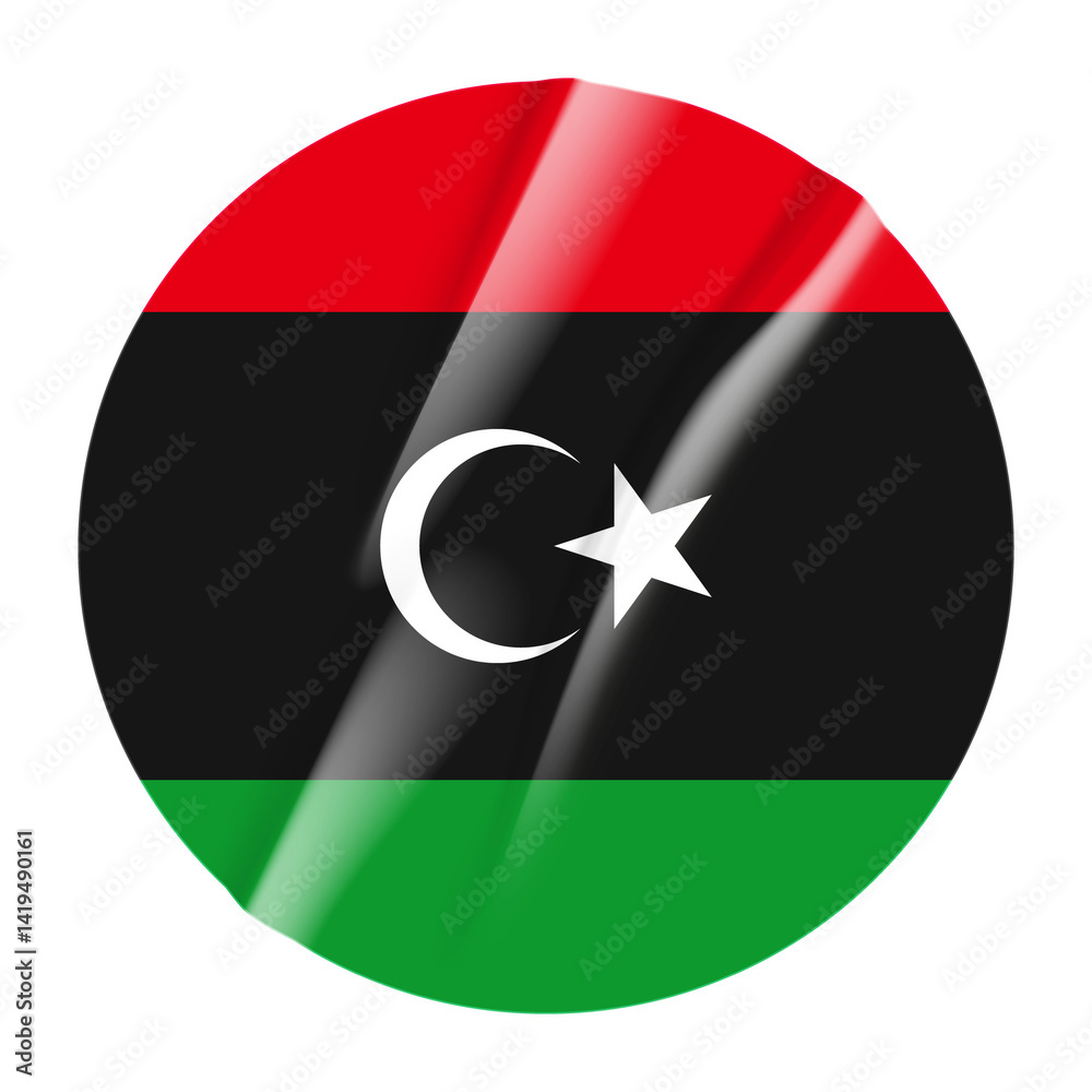 Flag of Libya flag round sticker. 3d illustration wrinkled flag sticker patch transparation png Flag of Libya flag round sticker. 3d illustration wrinkled flag sticker patch transparation png