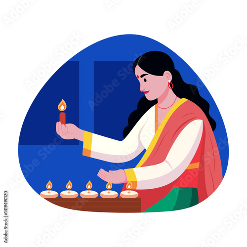 A woman burning oil lamps, flat style illustration