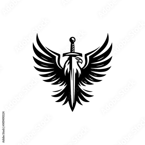 Vector logo design of eagle and dagger sword combination in flying pose, symbol of courage and strength  