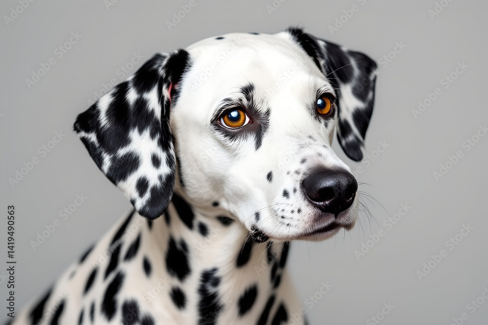 Dalmatian dog with distinct black spots showcasing elegant pose against gray background Dalmatian dog with distinct black spots showcasing elegant pose against gray background