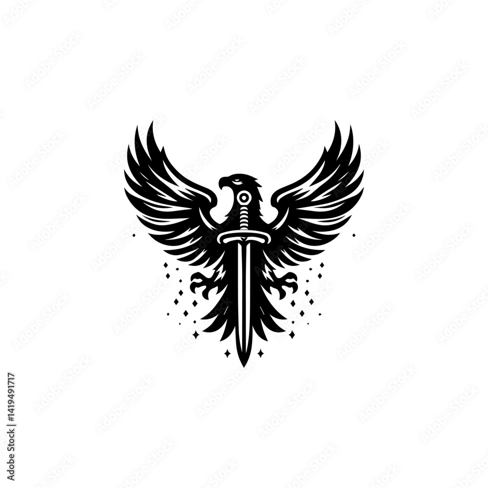 Obraz premium Eagle with sword in claws vector emblem, symbolizing bravery and strength in flight 