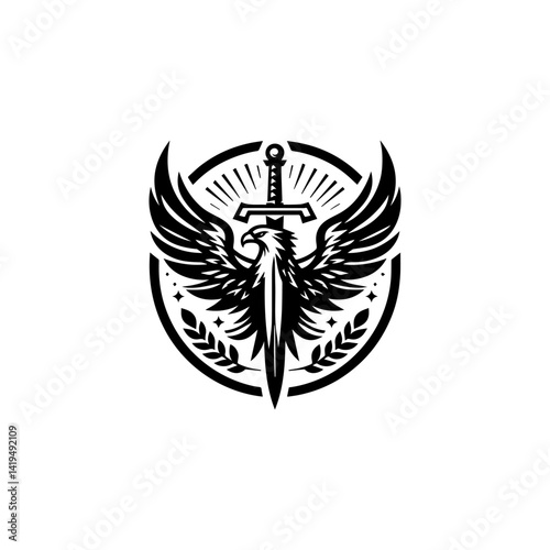 Vector logo design of eagle holding sword with wings spread wide, symbol of power and protection 