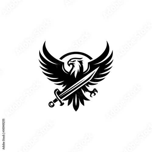 Vector logo design of eagle holding sword with wings spread wide, symbol of power and protection 