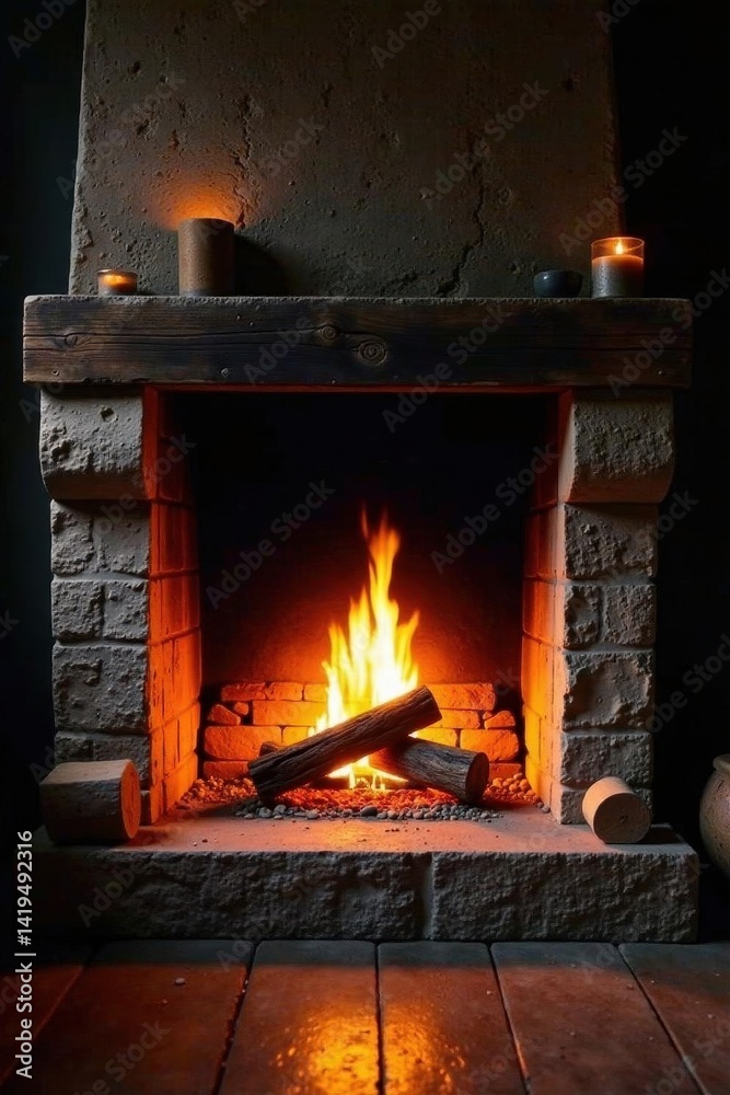 Obraz premium Rustic fireplace, glowing embers, crackling wood, embers, comfortable, interior