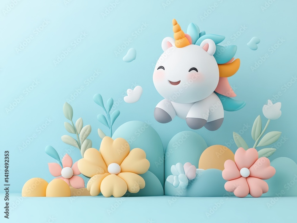 Fototapeta premium Cute unicorn in floral garden