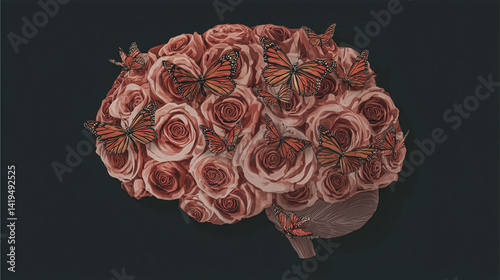 Flat layout of human brain anatomy with colorful fresh flower on green background. Mental health care, positive thinking and creative idea concept. brain flowers in concept on fabric. Generated by Ai