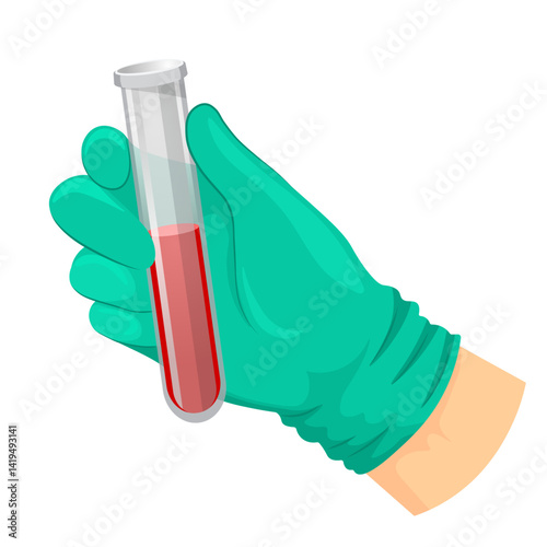 hand in green glove holds test tube with liquid