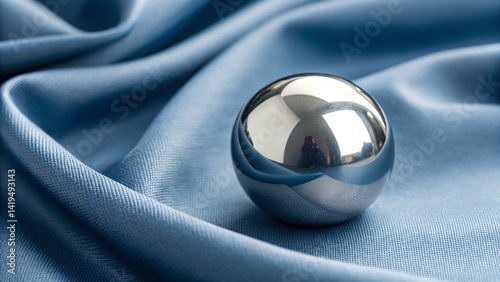Close-up of a reflective metallic sphere on draped blue satin. Ideal for illustrating luxury and texture