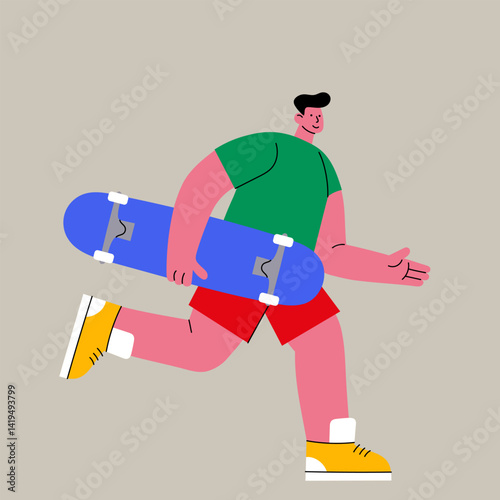 Smiling man running with skateboard. Fun flat vector illustration for youth lifestyle, urban sports, and summer activities