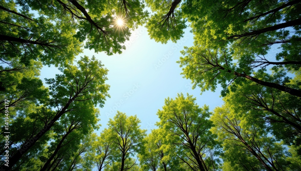 Forest canopy from below with bright sky, space for text, nature discovery and eco concept Forest canopy from below with bright sky, space for text, nature discovery and eco concept