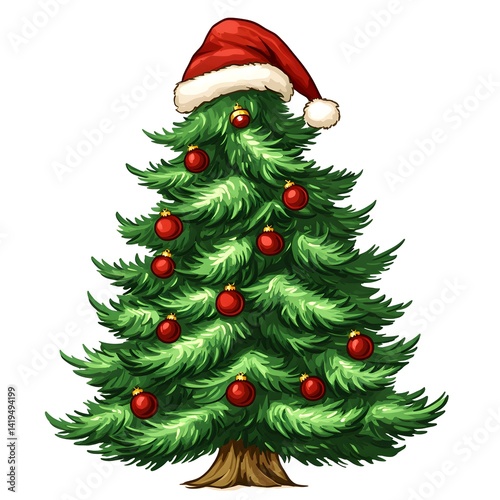 A cheerful cartoon Christmas tree illustration adorned with red ornaments and a Santa hat is perfect for holiday cards and festive designs.