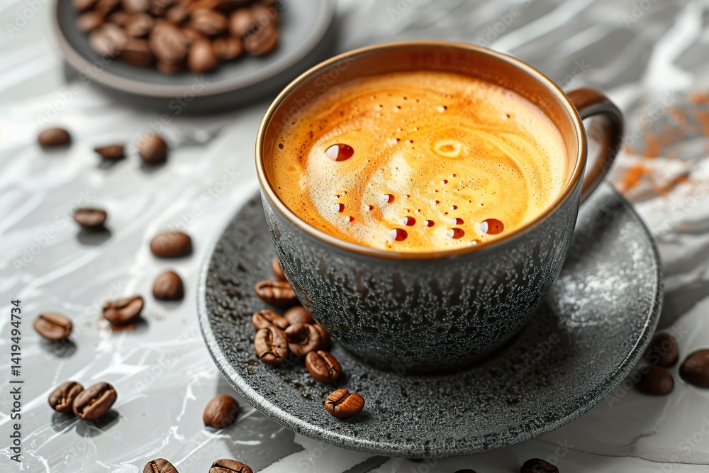 A close-up of a perfectly brewed coffee in a stylish cup on a modern marble countertop, with a few beans scattered nearby, rich textures, A close-up of a perfectly brewed coffee in a stylish cup on a modern marble countertop, with a few beans scattered nearby, rich textures,