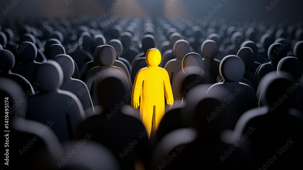 Fototapeta premium Yellow figure stands out among many dark figures, symbolizing individuality, uniqueness, leadership, or standing out from the crowd