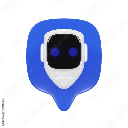 Front view of a 3d render of a blue bubble chat icon with a bot. Chatbot illustration