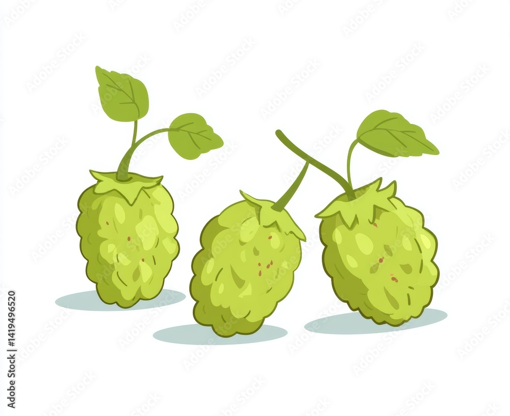 Obraz premium Three fresh green hops with leaves, ready to be used in brewing. A detailed illustration perfect for showcasing the essence of craft brewing.