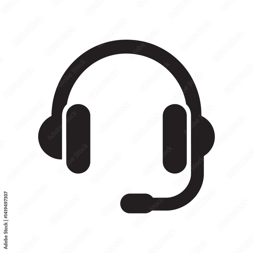 Black Headset Icon with Adjustable Microphone Representing Communication, Virtual Meetings, and Customer Support for Gaming, Call Centers, Editable Vector Illustration isolated on a white background Black Headset Icon with Adjustable Microphone Representing Communication, Virtual Meetings, and Customer Support for Gaming, Call Centers, Editable Vector Illustration isolated on a white background