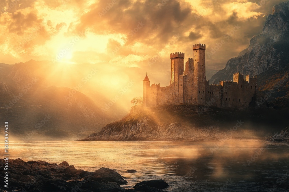 Fototapeta premium Majestic castle illuminated by golden sunset over tranquil waters