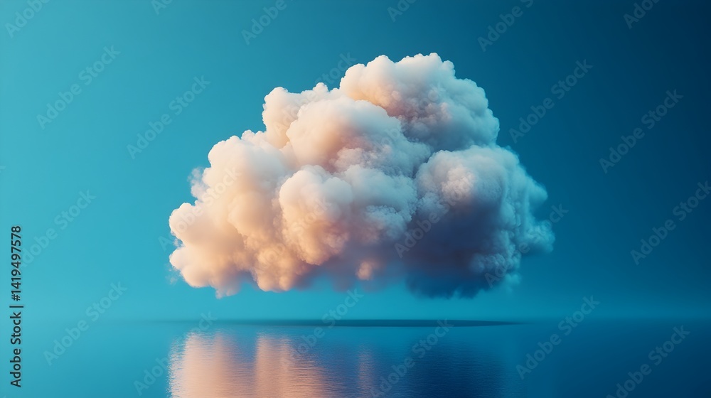 Naklejka premium A fluffy cumulus cloud floats serenely above a calm blue reflecting water surface in a minimalist digital rende.
