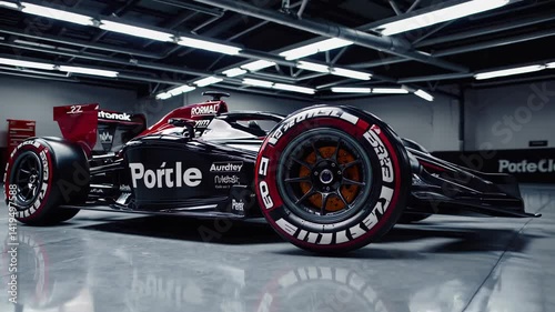 Sleek, modern formula one racing car sits stationary in a garage, showcasing its design and branding, with a subtle rotation offering different perspectives