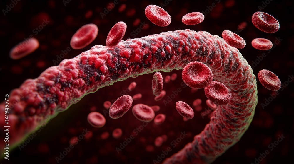 Fototapeta premium 3D illustration of red blood cells flowing in a vein through a blood vessel in a capillary in microscopic view , scientific medical background showing erythrocytes in the human circulatory system