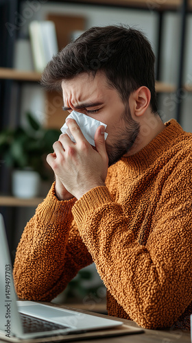 Sick man with a runny nose and watery eyes holding a tissue, sneezing in a home office.