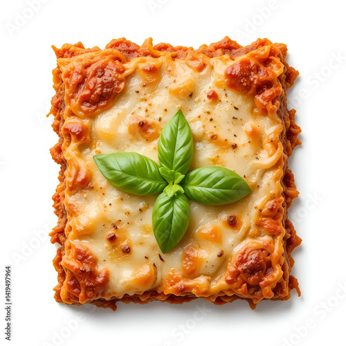 Top-down view of a cheesy lasagna slice with basil garnish isolated white background