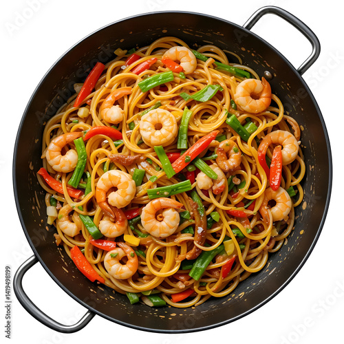 
Asian stir-fry with noodles, shrimp, and colorful vegetables in a wok isolated write background 