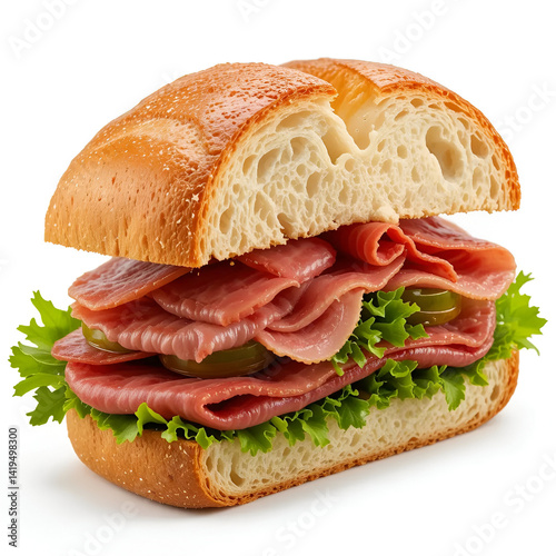 A rustic sandwich with crusty bread, deli meats, and fresh greens isolated white background