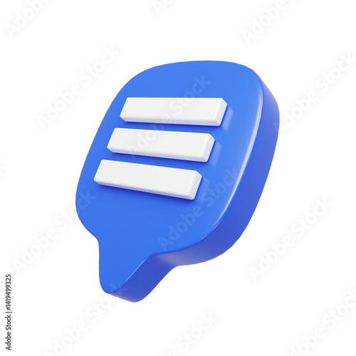 3d render of a blue bubble chat icon with three white stripes.