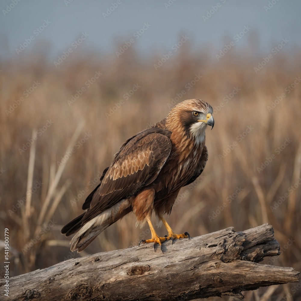 Fototapeta premium Marsh Harrier bird on piece of wood