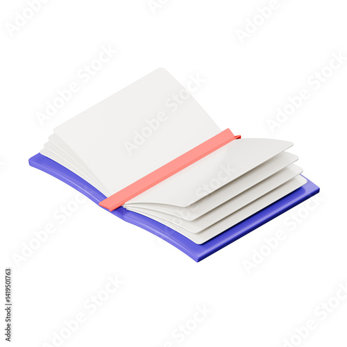 Isometric view of 3d rendering of an open book with a bookmark and blank pages illustration.