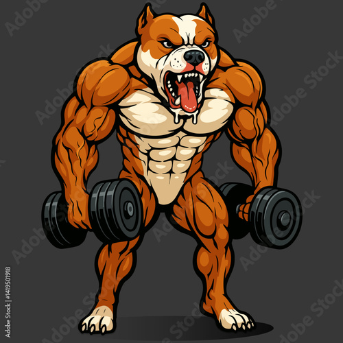 Pitbull musculoso segurando halteres – ilustração vetorial agressiva para academia e fitness