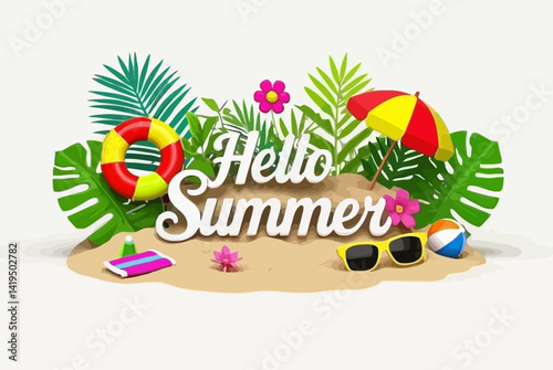 illustration features the cheerful text "Hello Summer" on a sandy beach, surrounded by tropical leaves, colorful flowers, a beach ball, pink sunglasses, and a red-yellow beach umbrella.