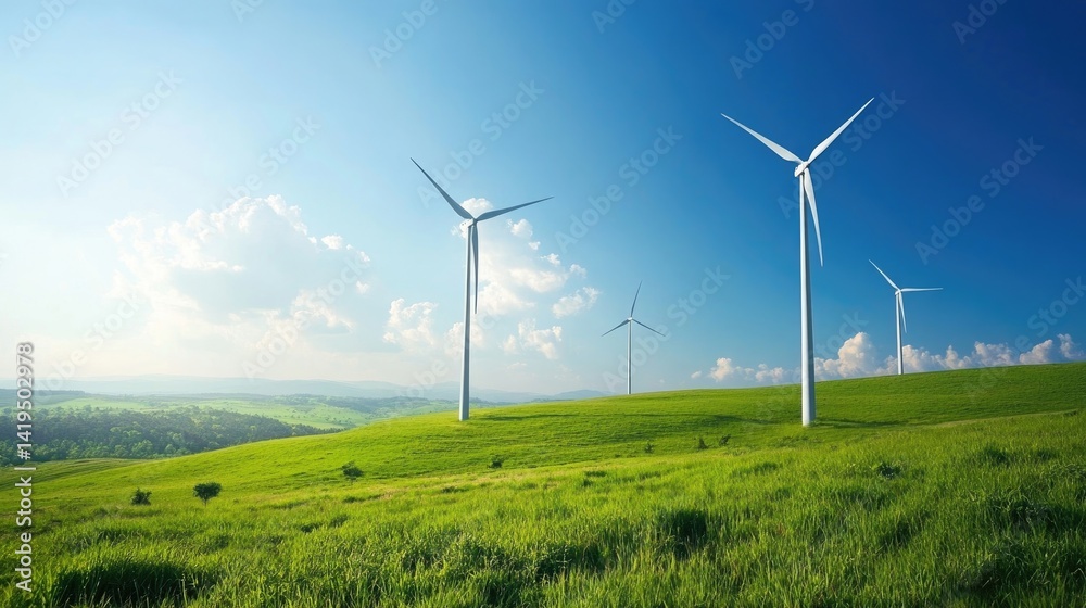 Wind turbines on a green grass field Wind turbines on a green grass field