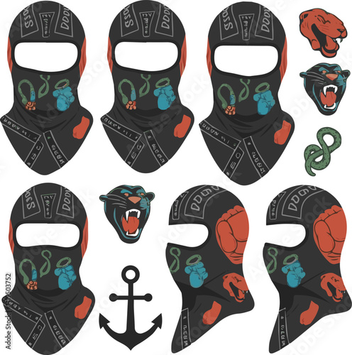 Gangster masks with images and inscriptions, stylish balaclavas with patterns in the form of gangster tattoos, stylish gangster masks from different angles (straight, side, perspective). Vector gang 