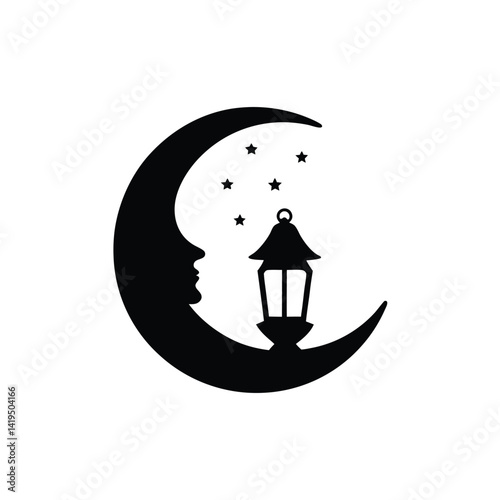 Silhouette of a crescent moon with a lantern and stars