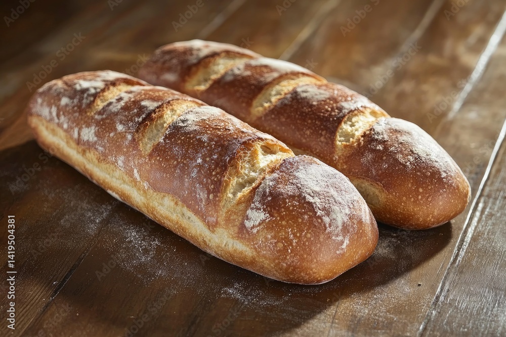 Two Baguettes on Wooden Table Two Baguettes on Wooden Table