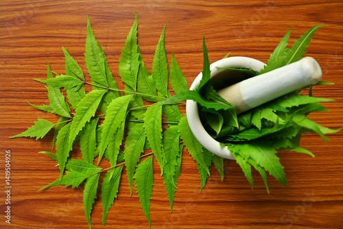 Green neem leaves with mortar and pestle on a table, health care concept 