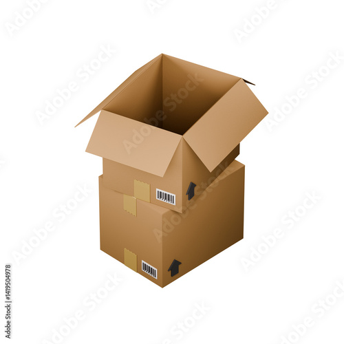 Isometric 3d rendering of a pile of open and closed cardboard boxes illustration.