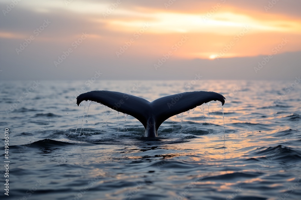 Fototapeta premium Whale tail emerging from calm ocean waters during a dramatic golden sunset