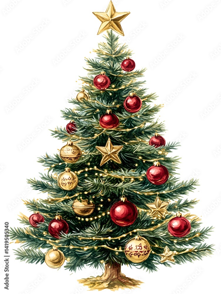 A beautifully decorated Christmas tree with red and gold ornaments, twinkling lights, and a golden star on top stands tall and festive. A beautifully decorated Christmas tree with red and gold ornaments, twinkling lights, and a golden star on top stands tall and festive.