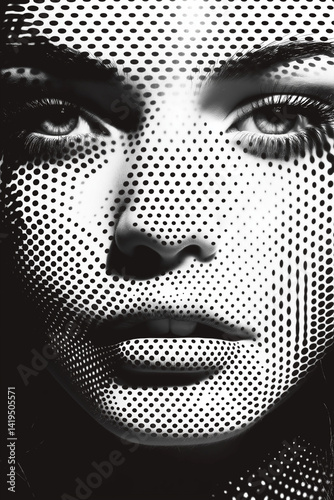 Schwarzweiß Bild einer Frau im Raster Drucktechnik Verfahren