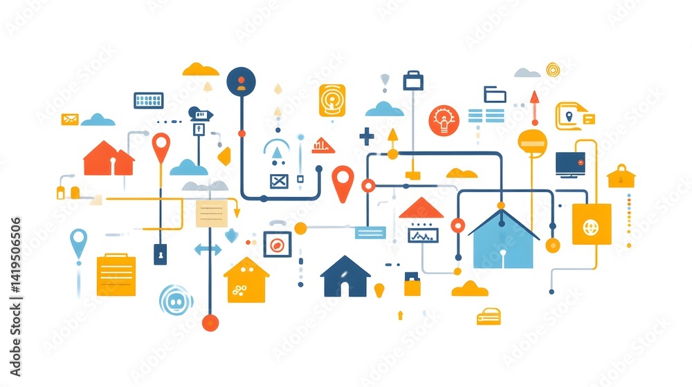 Smart home technology network illustration showing interconnected devices and systems for security automation and energy efficiency in a modern home Smart home technology network illustration showing interconnected devices and systems for security automation and energy efficiency in a modern home