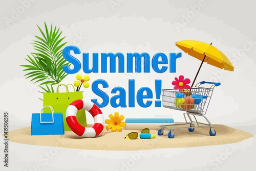 summer-themed promotional image showcases the bold words "Summer Sale!" in red and orange letters, set on a sandy beach with tropical leaves, beach umbrellas, a colorful beach ball, and shopping cart.